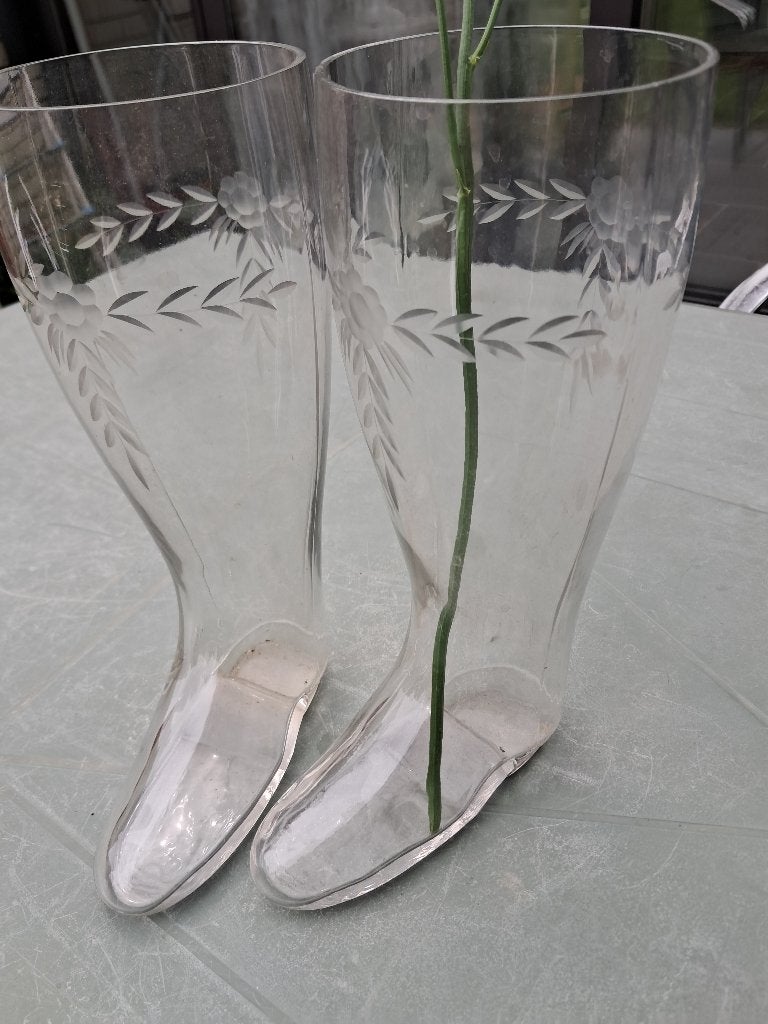 2 glazen vazen in laarsvorm, Ophalen, Transparant, 30 cm, Glas