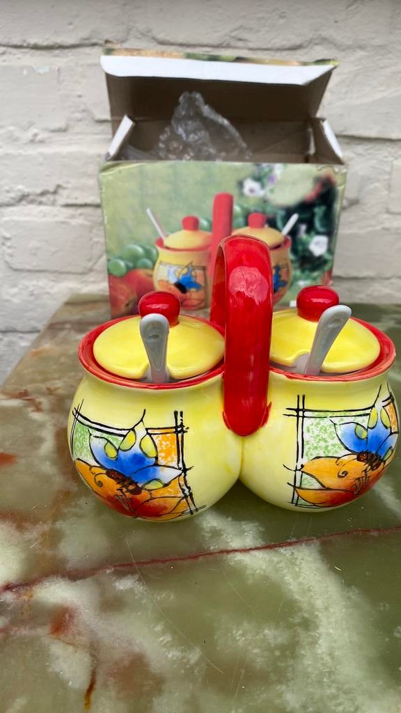 Suiker-honingpot met bijbehorende lepels, Nieuw, Ophalen