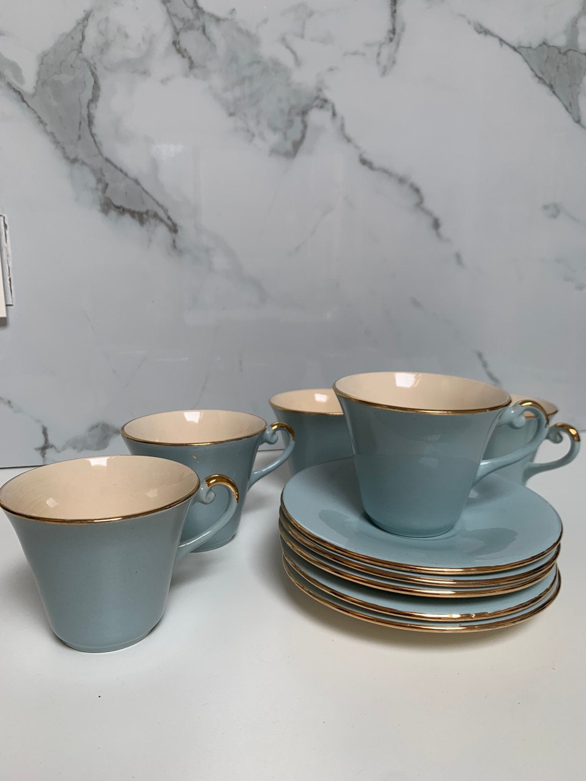 Set vintage Koffie Kop en Schotel – Pastelblauw met Goud, Antiek en Kunst, Ophalen of Verzenden
