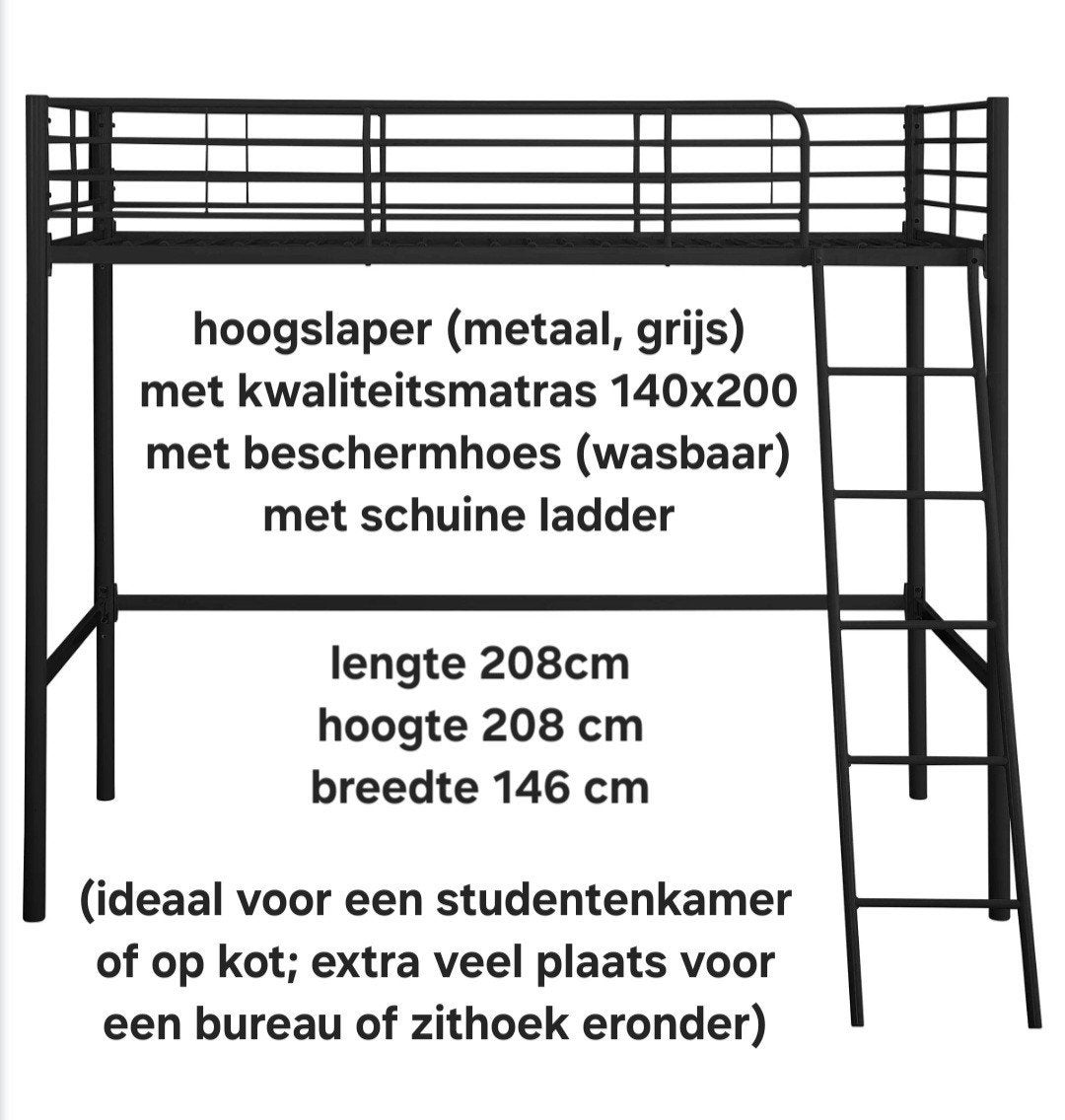 hoogslaper (208208x146) 2pers metaal grijs + matras, Ophalen, Gebruikt, Hoogslaper, Tweepersoons