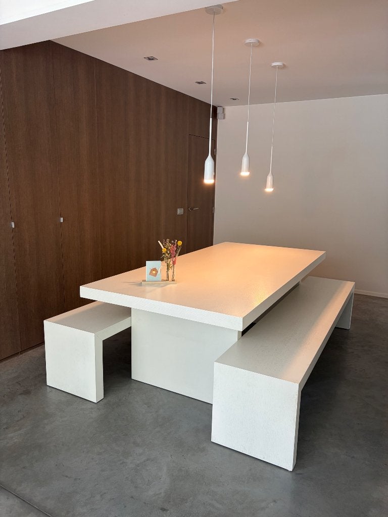 Design tafel + 2 banken – XVL, Huis en Inrichting, Tafels | Eettafels, Ophalen, Gebruikt, 100 tot 150 cm, 200 cm of meer