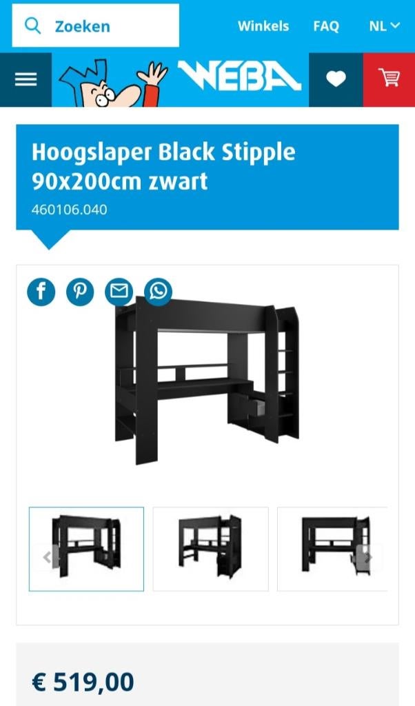 Hoogslaper met bureau Weba zwart, Enlèvement, Comme neuf, Lit mezzanine