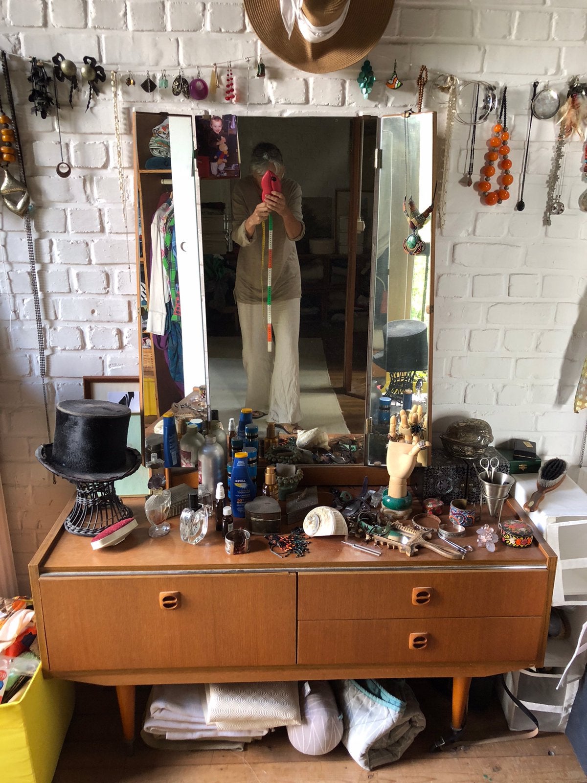 Coiffeuse avec miroir triptyque, Vintage, Utilisé, Bois, Moins de 50 cm