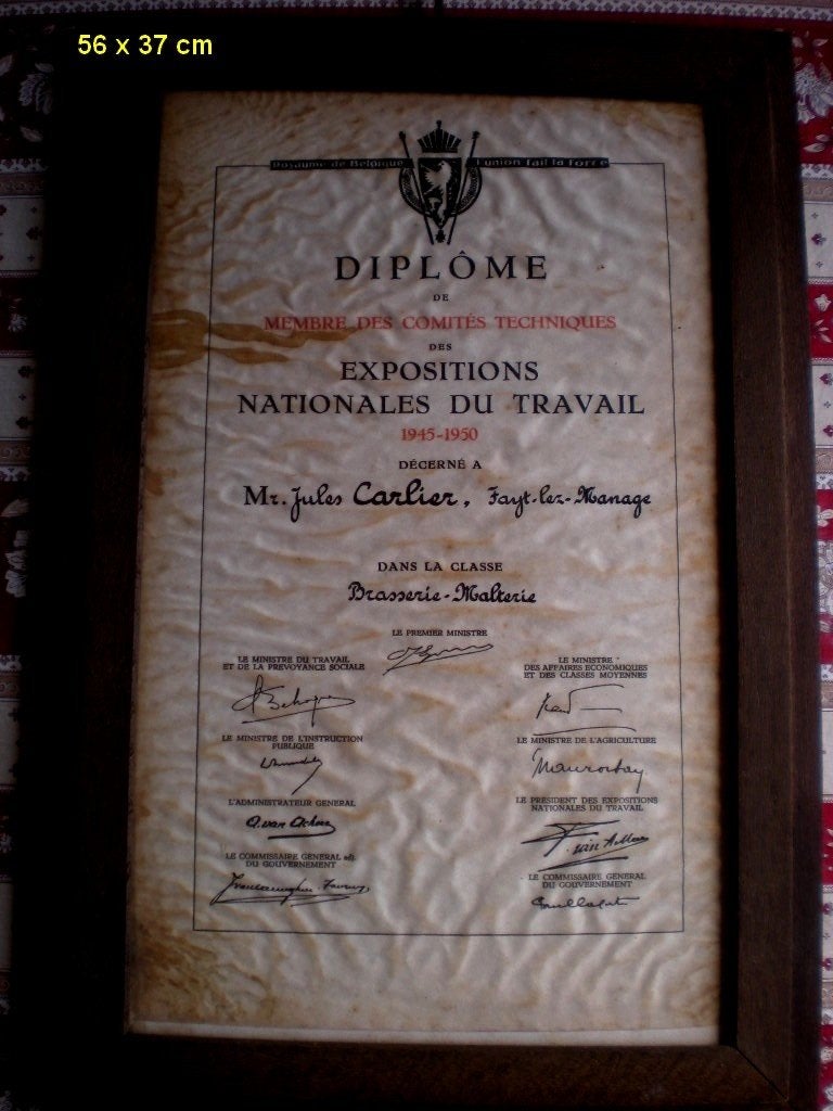 Brouwerij J. CARLIER, Fayt-lez-Manage. Diploma 1951, Ophalen of Verzenden, Gebruikt, Reclamebord, Plaat of Schild