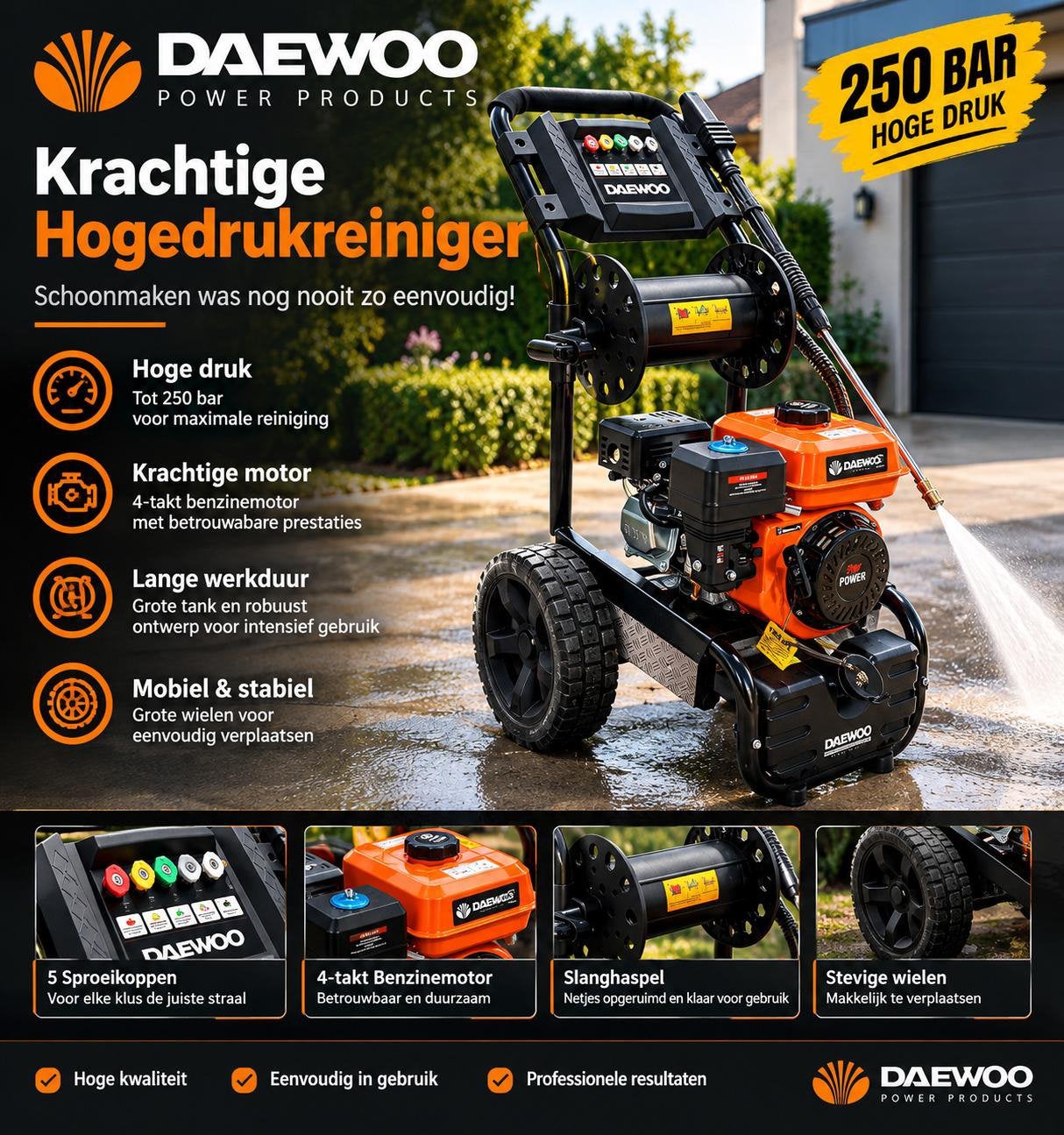 Daewoo Hogedrukreiniger 250 Bar Benzinemotor Professioneel, Tuin en Terras, Ophalen, Nieuw