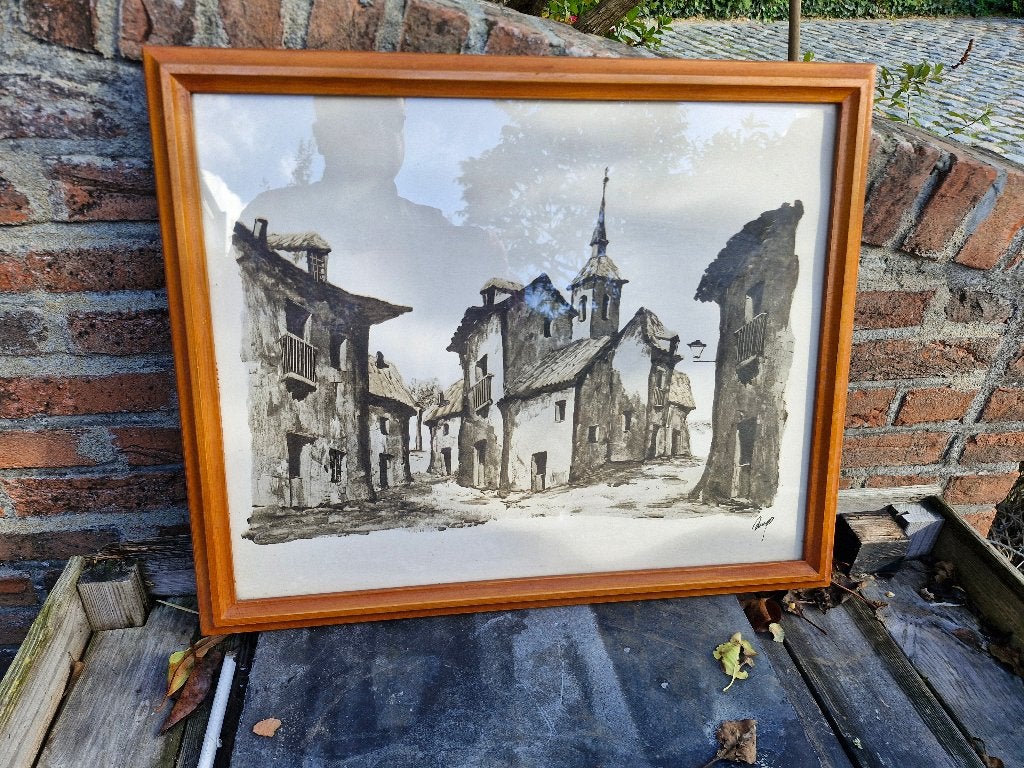 frame inclusief een zwart-wit tekening van een dorp, Antiek en Kunst, Ophalen, Schilderij, Print/reproductie, Achter glas
