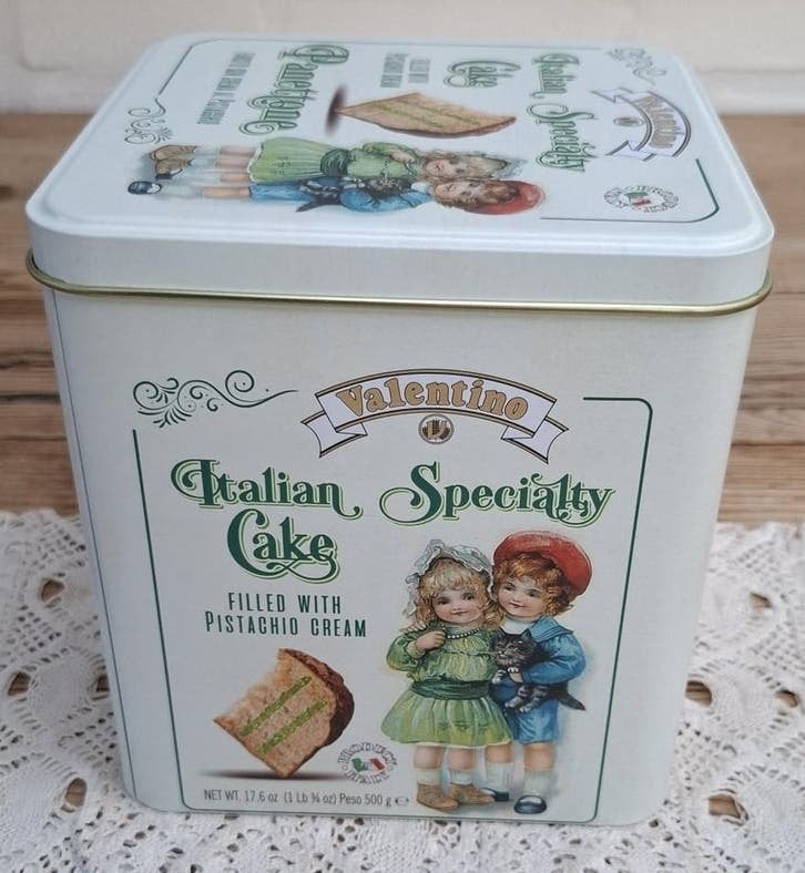 Italiaans Valentino Panettone blik met kinderen en poes, Verzamelen, Ophalen of Verzenden, Gebruikt, Overige, Overige merken