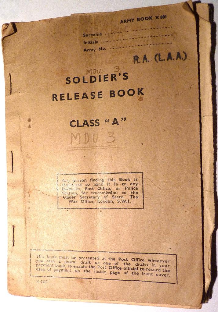 "Soldier's Release Book Class A" is een historisch document, Ophalen of Verzenden, Tweede Wereldoorlog