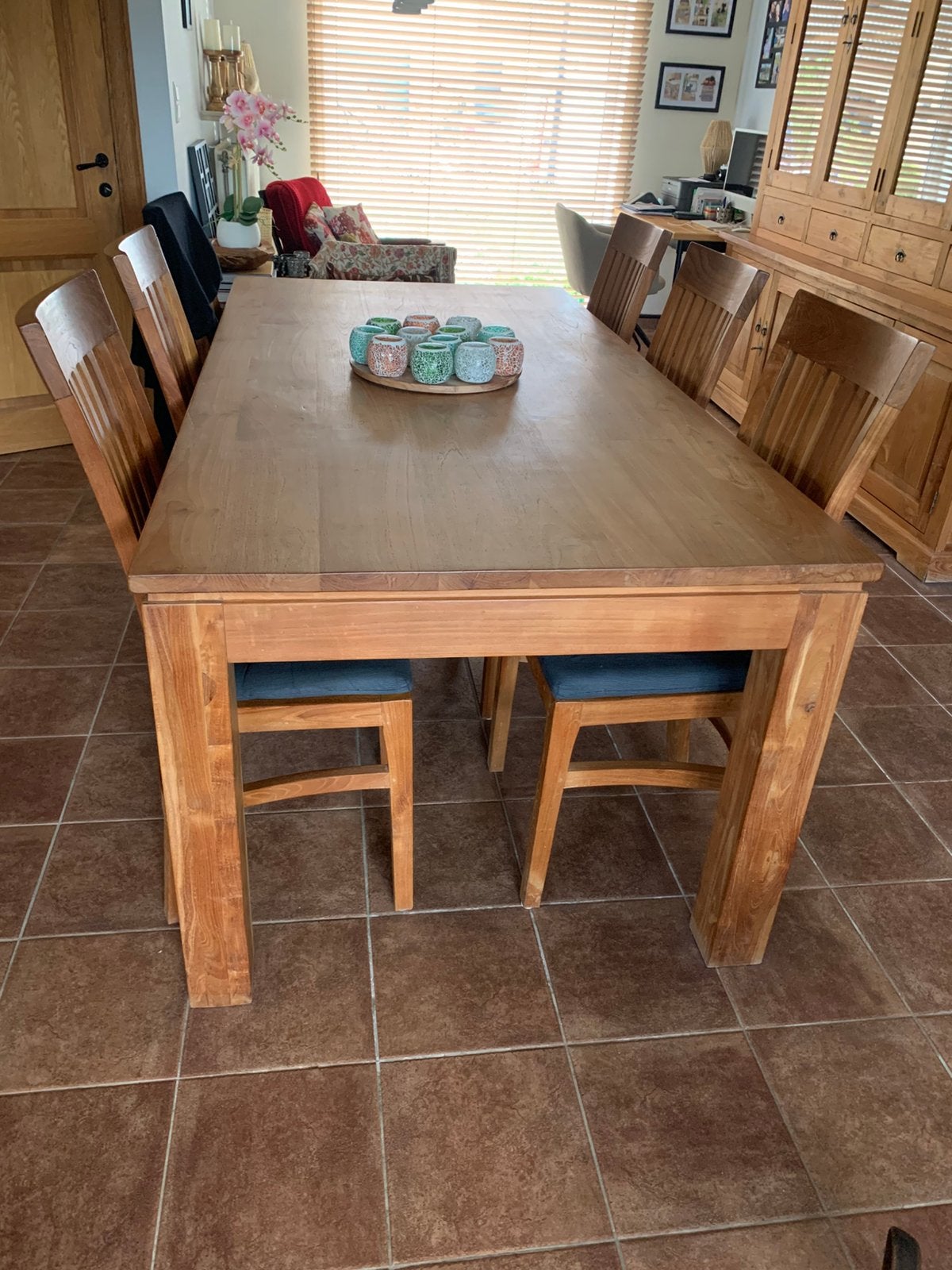 Eettafel en 6 stoelen uit massief teak, Ophalen, Gebruikt, Teakhout, 50 tot 100 cm