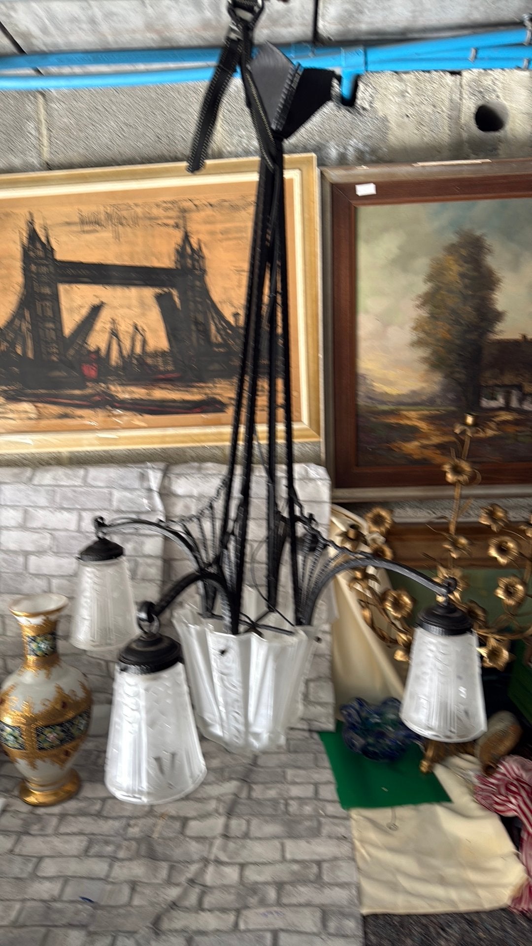 Lustre Art Déco signé MULLER FRÈRES LUNÉVILLE –  5 feux, Maison & Meubles, Enlèvement ou Envoi, Comme neuf, Verre