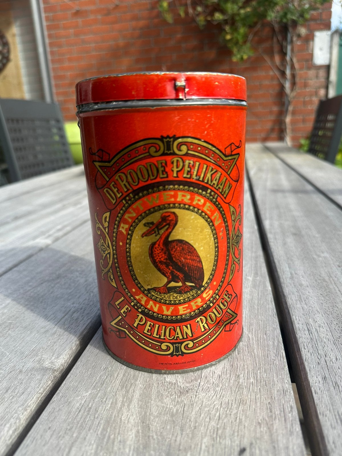 Roode pelikaan koffie blik met vis, Enlèvement ou Envoi, Comme neuf, Café