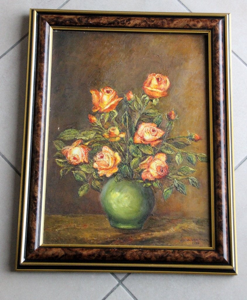 schilderij olieverf rozen bloemen stilleven + mooie kader, Ophalen, Olieverf, Stilleven