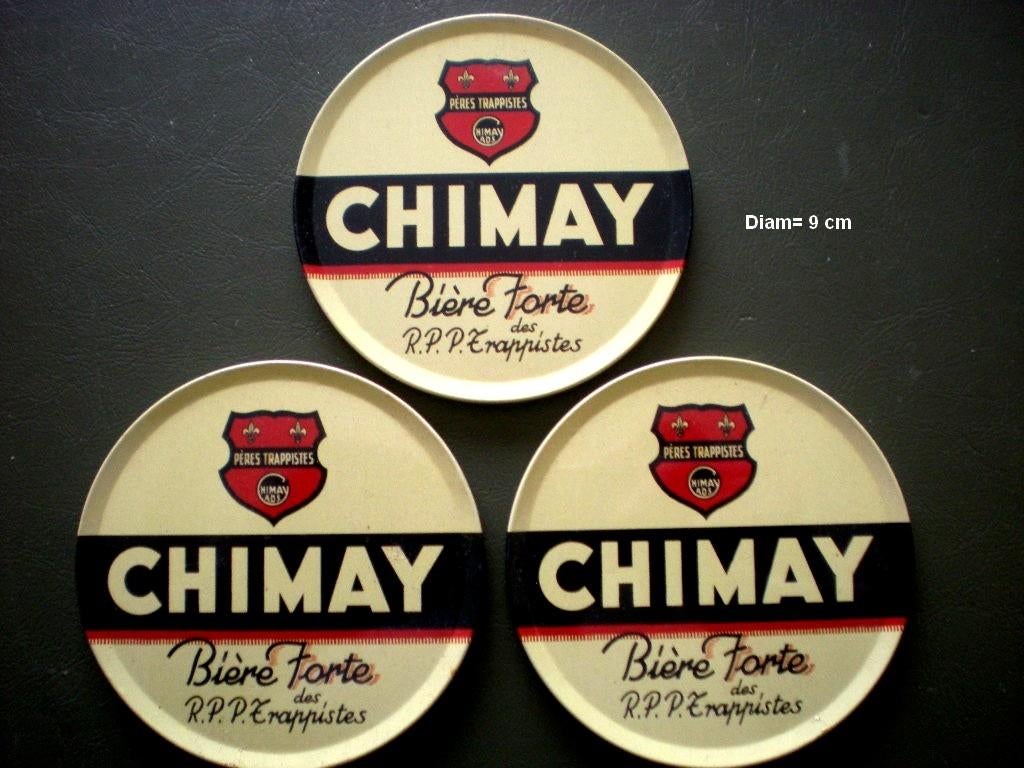 Chimay Trappisten    3 metalen onderzetters, Ophalen of Verzenden, Zo goed als nieuw, Viltje(s)