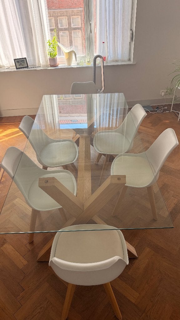 Tafel en stoelen van glas en hout, Ophalen, Gebruikt, 50 tot 100 cm, Glas