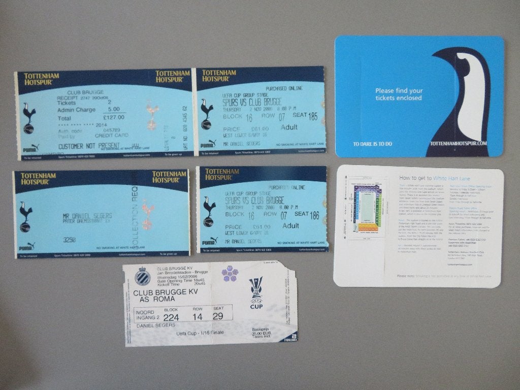 Club Brugge 2006 UEFA Cup tickets Roma - 2x Spurs away, Enlèvement ou Envoi, Comme neuf, Autres types