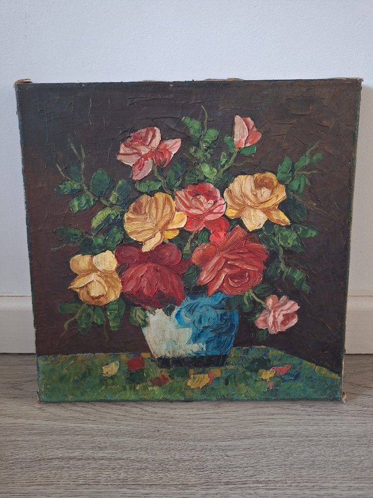 Vintage olieverfschilderij: Kleurrijk bloemstilleven, Antiek en Kunst, Kunst | Schilderijen | Klassiek, Ophalen of Verzenden, Vintage