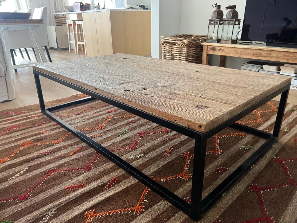 Stoere salontafel in industriële stijl., Enlèvement, Utilisé, Chêne, Rectangulaire