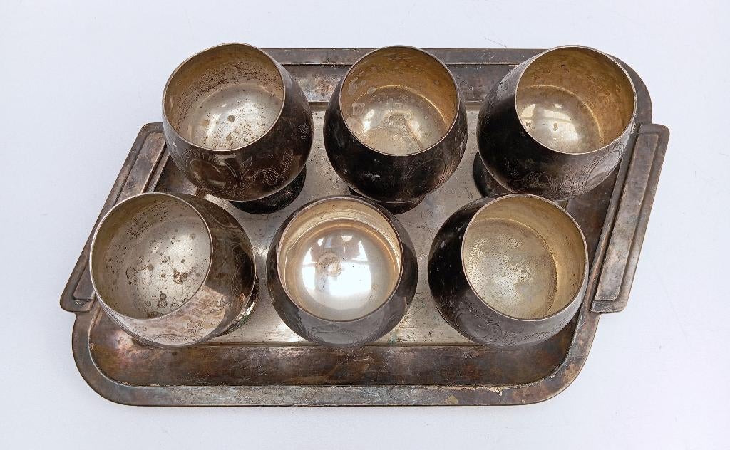 ART DECO SCHAAL MET BEKERS ZILVERWERK 2,350 kilo, Antiek en Kunst, Antiek | Zilver en Goud, Zilver, Ophalen of Verzenden