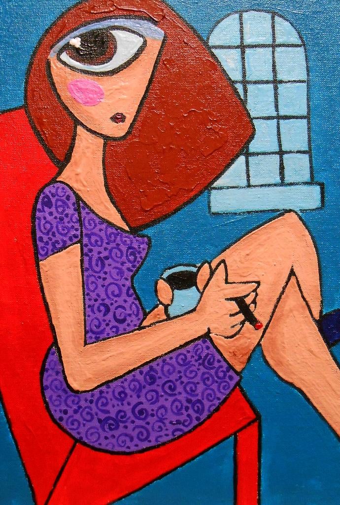 Peinture « Café du matin et cigarette », Antiquités & Art, Art | Peinture | Moderne, Envoi