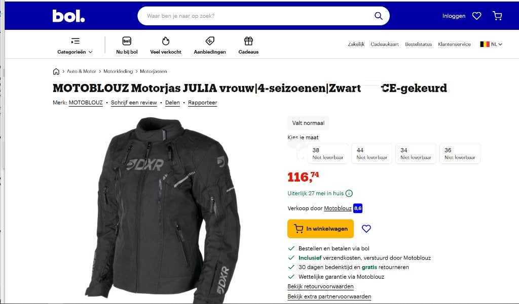 Motorjas JULIA vrouw Zwart 38 CE-gekeurd NIEUW, Motoren, Ophalen, Nieuw met kaartje, Dames, Jas | textiel