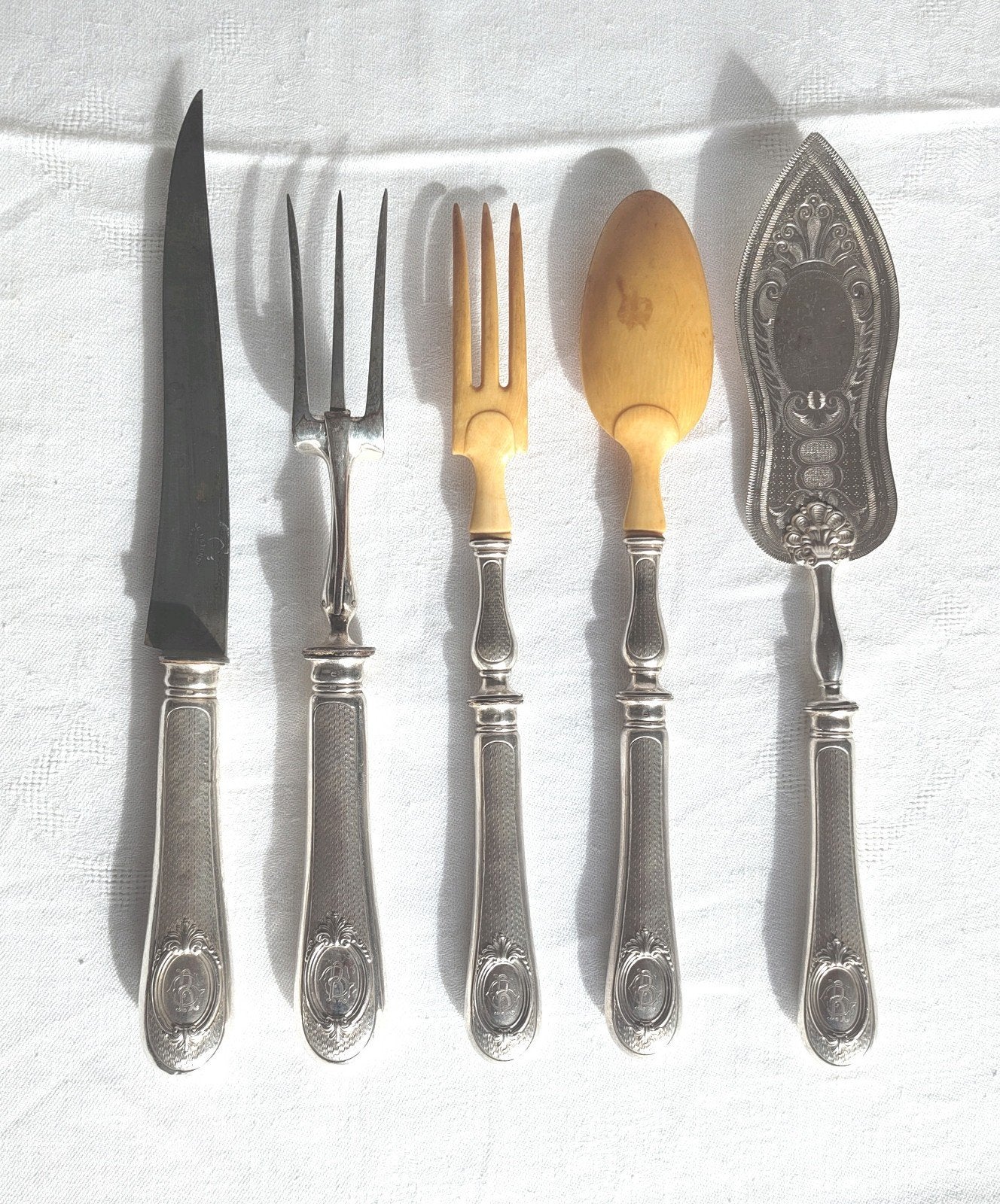 Ancien service de découpe, salade et entremets 5 pièces, Antiquités & Art, Enlèvement ou Envoi