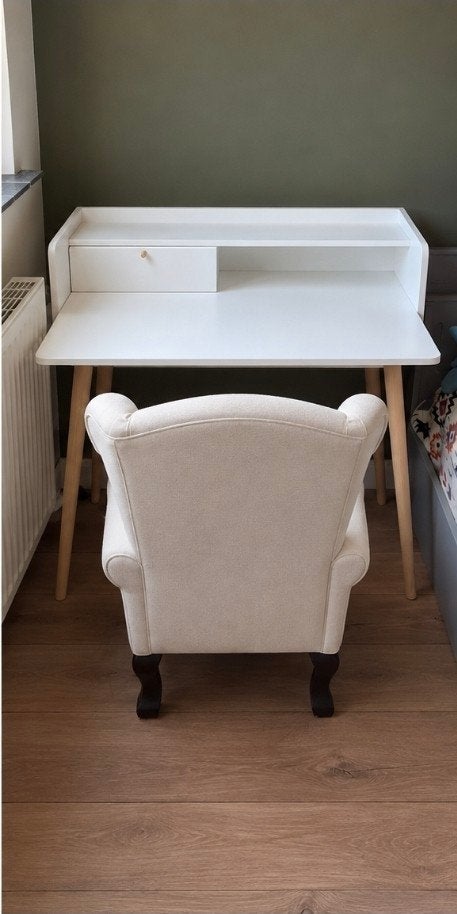 Wit IKEA kinderbureau met lade en opbergplank (zonder fauteu, Ophalen, 50 tot 100 cm, Zo goed als nieuw, Rechthoekig