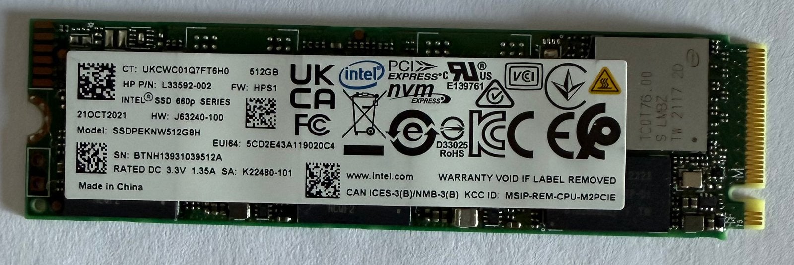 SSD Intel NVMe 512 Go, Enlèvement ou Envoi, Utilisé, Laptop, SSD