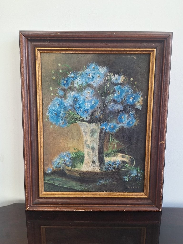 Vintage stilleven met blauwe bloemen, gesigneerd, Antiek en Kunst, Ophalen of Verzenden, Vintage, Gesigneerd, Bloemen
