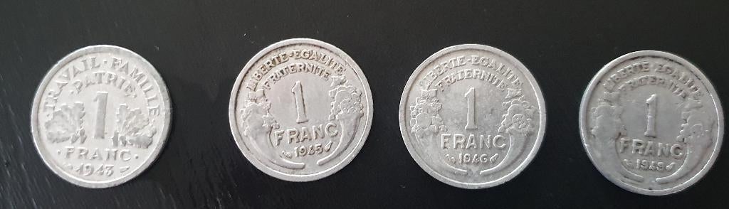 4 oude franse munten 1943-1945-1946-1949 van 1 franc, Ophalen of Verzenden, Frankrijk, Setje