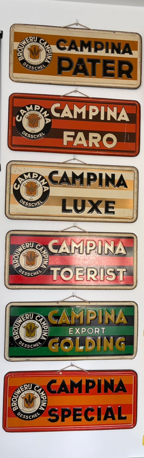 Campina golding 6 blikken borden, Ophalen, Gebruikt, Reclamebord