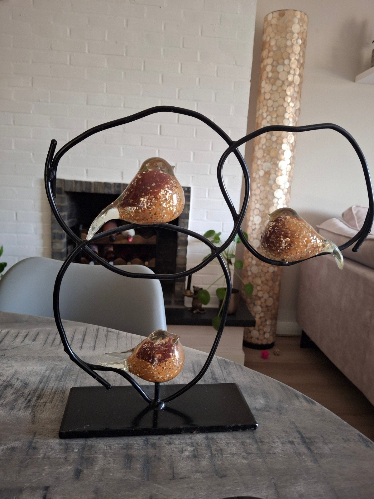 decoratiebeeld: 3 glazen vogels in metalen ring, merk J-line, Ophalen, Glas