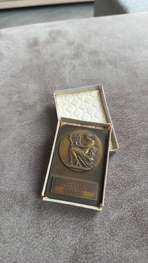 Plaque Bronze Lauréat Coupe de Belgique Hohner 1957 boite, Antiquités & Art, Enlèvement ou Envoi