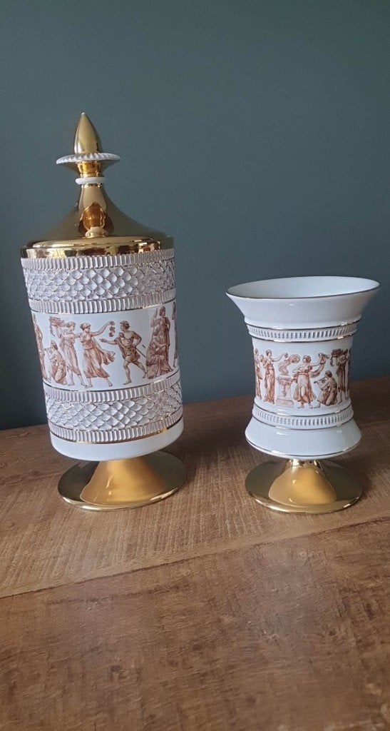 Italiaans vintage porselein wit/goud - Dekselpot + Vaas, Antiquités & Art, Antiquités | Porcelaine, Enlèvement ou Envoi