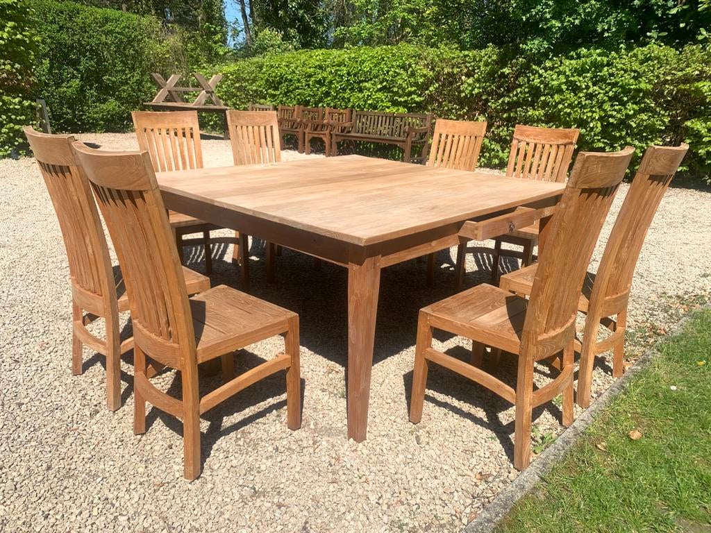 Teak tuinset tafel 160x160 + 8 teakstoelen + 8 kussens, Ophalen, Zo goed als nieuw, Teakhout, Tuinset