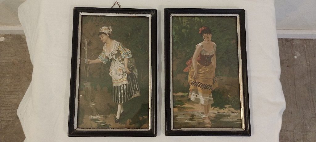 Paar antieke gravures - Landelijke taferelen, 14x22, n668, Ophalen of Verzenden, Ingelijst