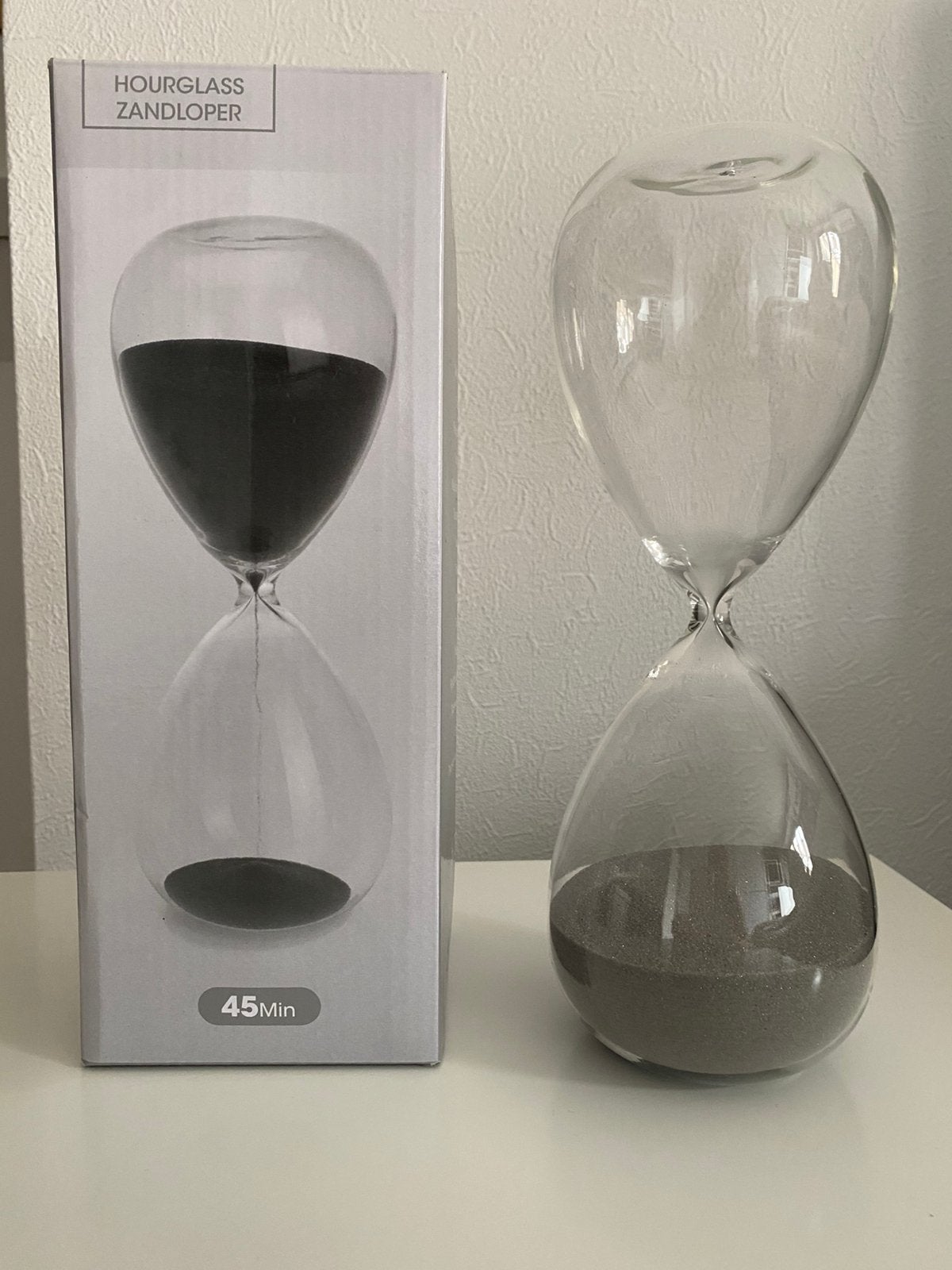 Zandloper van glas 45min, Ophalen, Zo goed als nieuw, Grijs, Glas