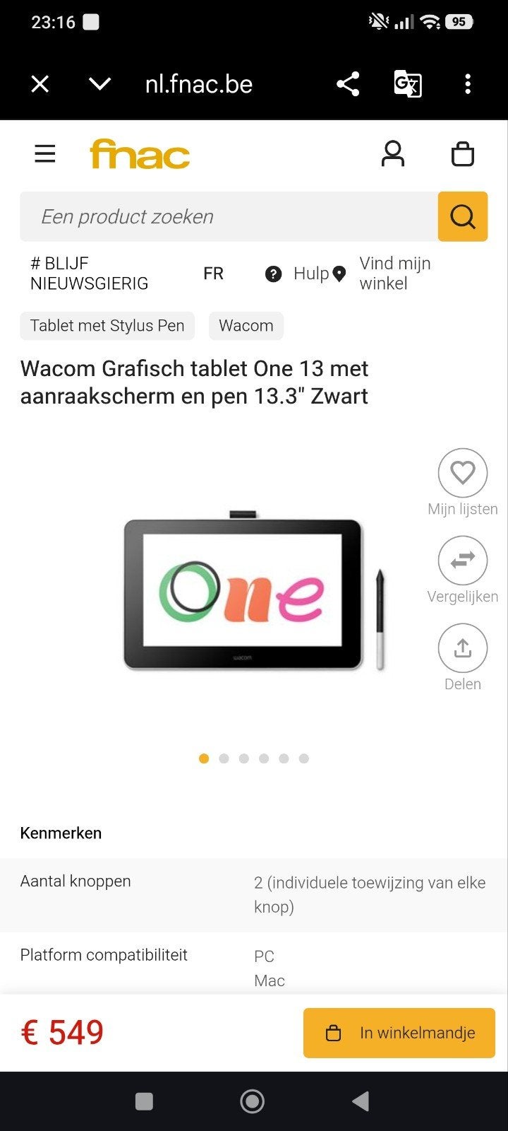 Wacom One 13, Computers en Software, Tekentablets, Zo goed als nieuw, Bedraad, Ophalen of Verzenden