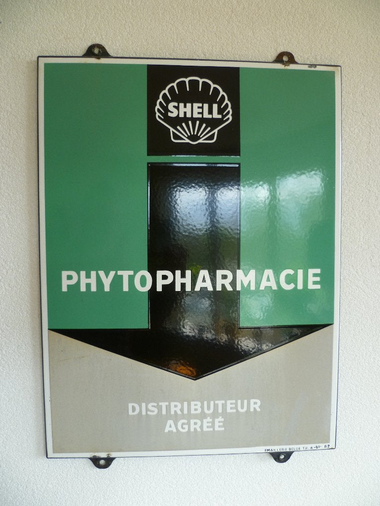 EMAILLE RECLAMEBORD"SHELL PHYTOPHARMACIE DISTRIBUTEUR" 1962, Ophalen of Verzenden, Gebruikt, Reclamebord