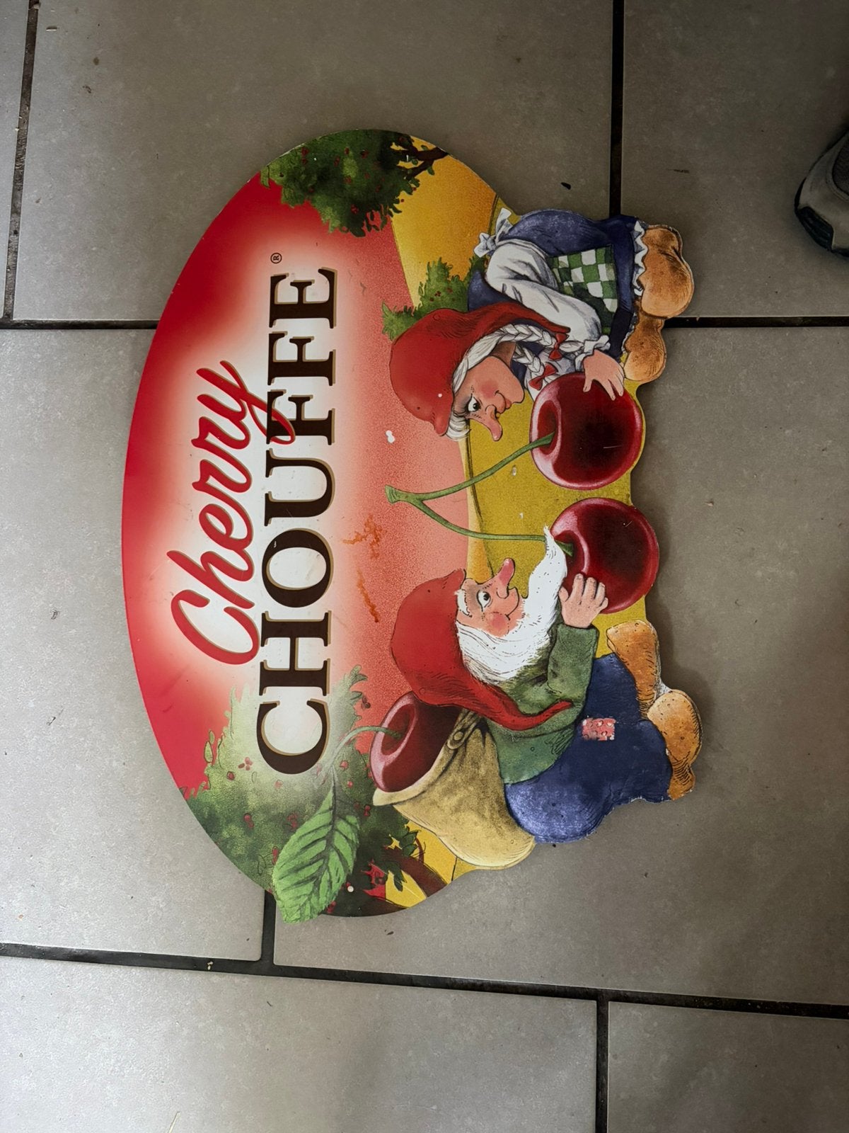 Blikken bord cherry chouffe (4), Verzamelen, Ophalen, Gebruikt, Reclamebord, Plaat of Schild, Overige merken