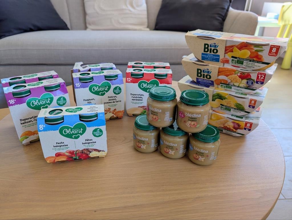 Lot van 25 babyvoedingspotjes (Olvarit, Babybio, Blédina), Diversen, Levensmiddelen, Ophalen