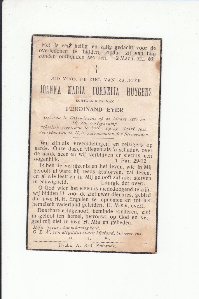 Slachtoffer WO II - Ossendrecht - vliegende bom Lilloo 1945, Verzenden, Bidprentje