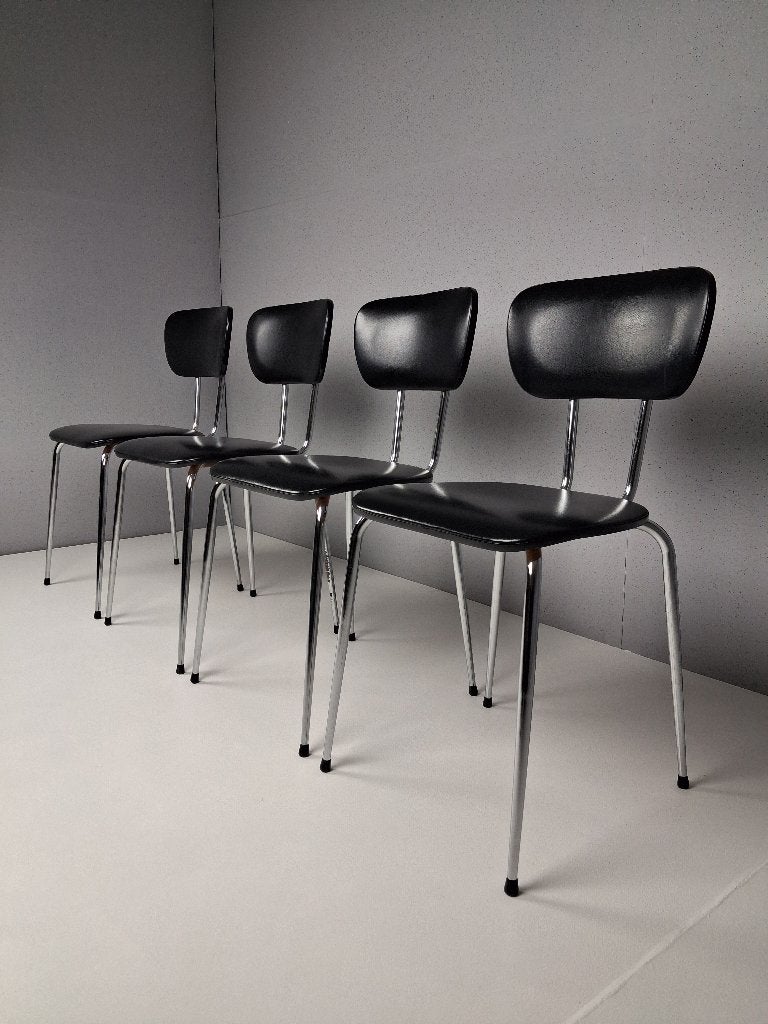 4 x Vintage Stoelen in Zwart Skai Leer, Jaren 70, Maison & Meubles, Chaises, Utilisé, Quatre, Cuir, Noir, Enlèvement