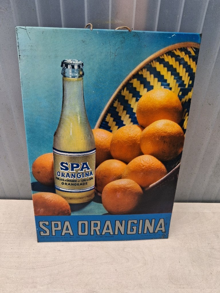 oud blikken bord  SPA ORANGINA 1958, Verzamelen, Ophalen of Verzenden, Zo goed als nieuw, Reclamebord