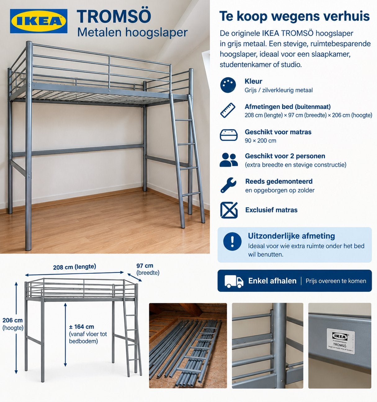 ️ LIT MEZZANINE UNIQUE IKEA TROMSÖ À VENDRE !, Maison & Meubles, 200 cm de hauteur ou plus, Queen size, 140 cm, Enlèvement