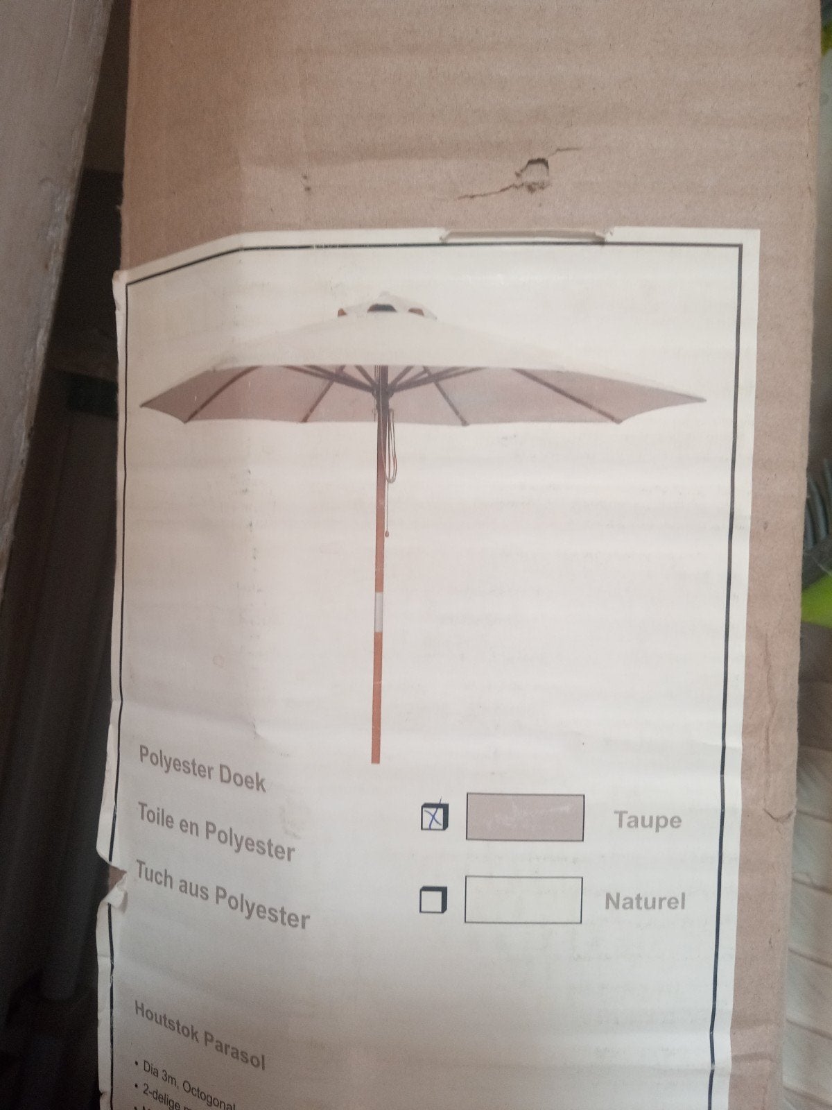 Nouveau parasol en bois taupe, d'un diamètre, Jardin & Terrasse, Parasols, Enlèvement, Parasol sur pied