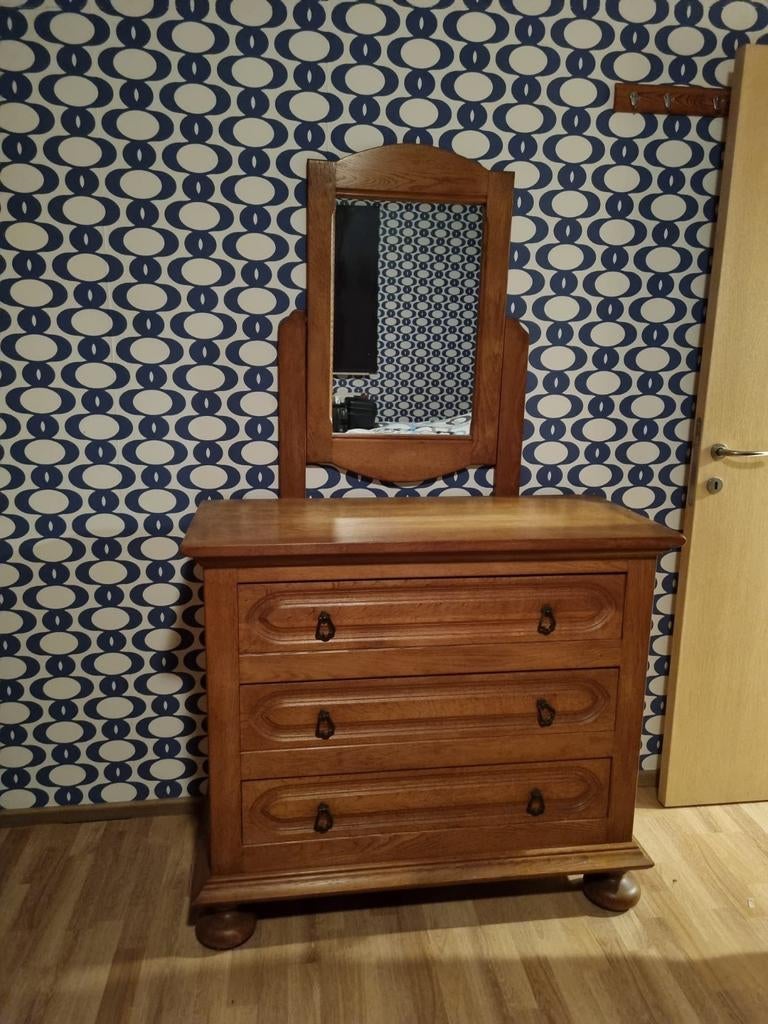 commode in eikenhout met spiegel en 3 grote schuiven, Maison & Meubles, Tables | Coiffeuses, Enlèvement