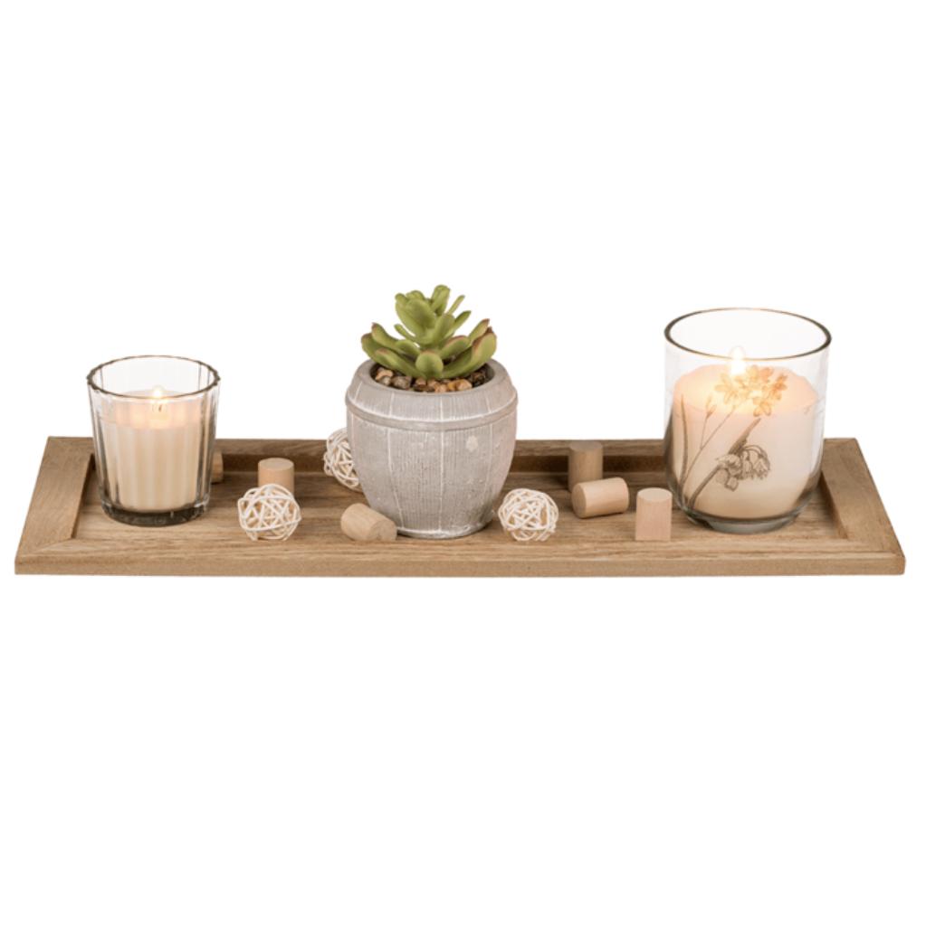 decoratie - houten plankje met 2 kaarsen & kunstplantje, Grijs, Nieuw, Ophalen of Verzenden, Hout