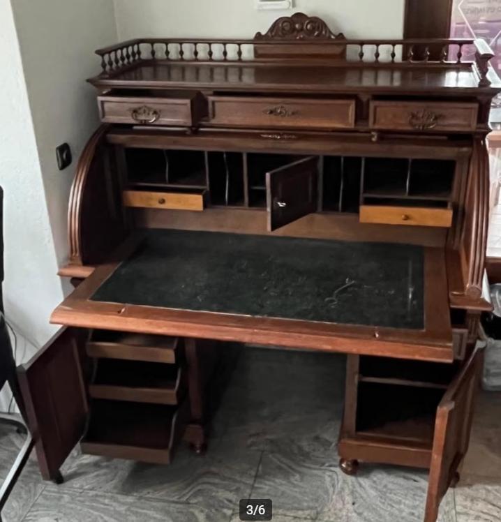 Antiek eiken bureau met schuifjes en een groen lederen inleg, Antiek en Kunst, Ophalen