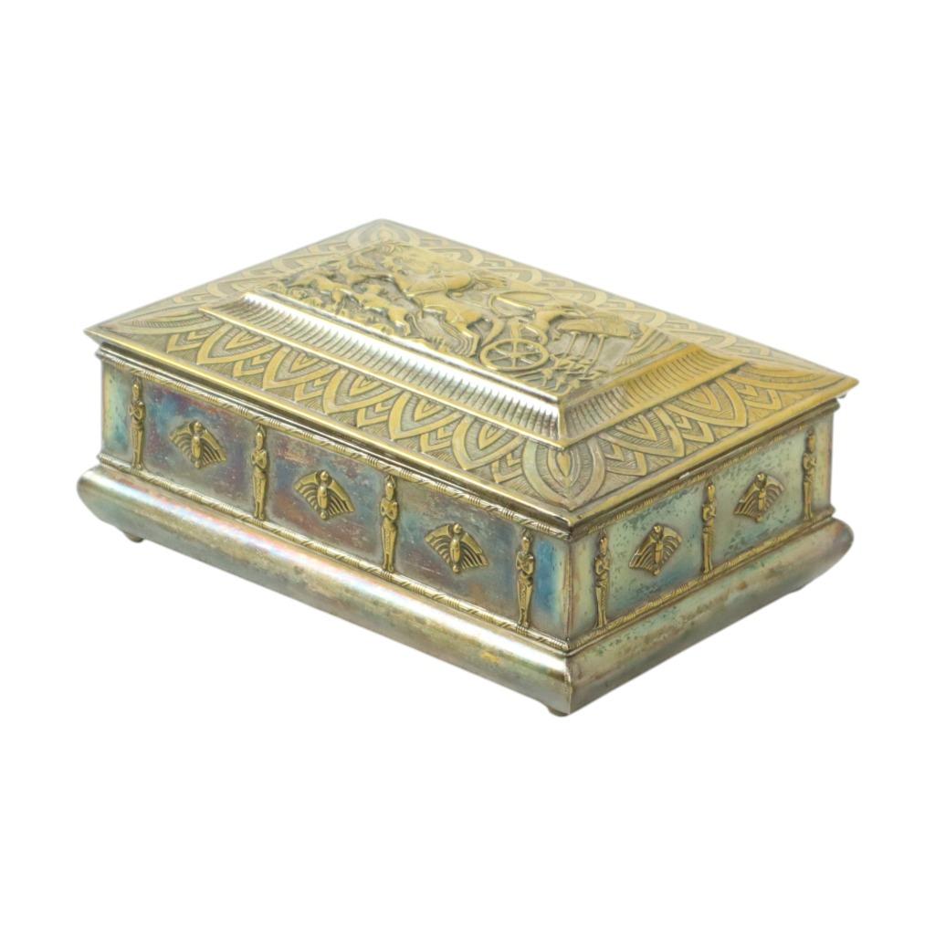 Verzilverde Art Deco Kist Trinket Doos Egyptische Motieven, Minder dan 50 cm, Gebruikt, Minder dan 50 cm, Ophalen of Verzenden