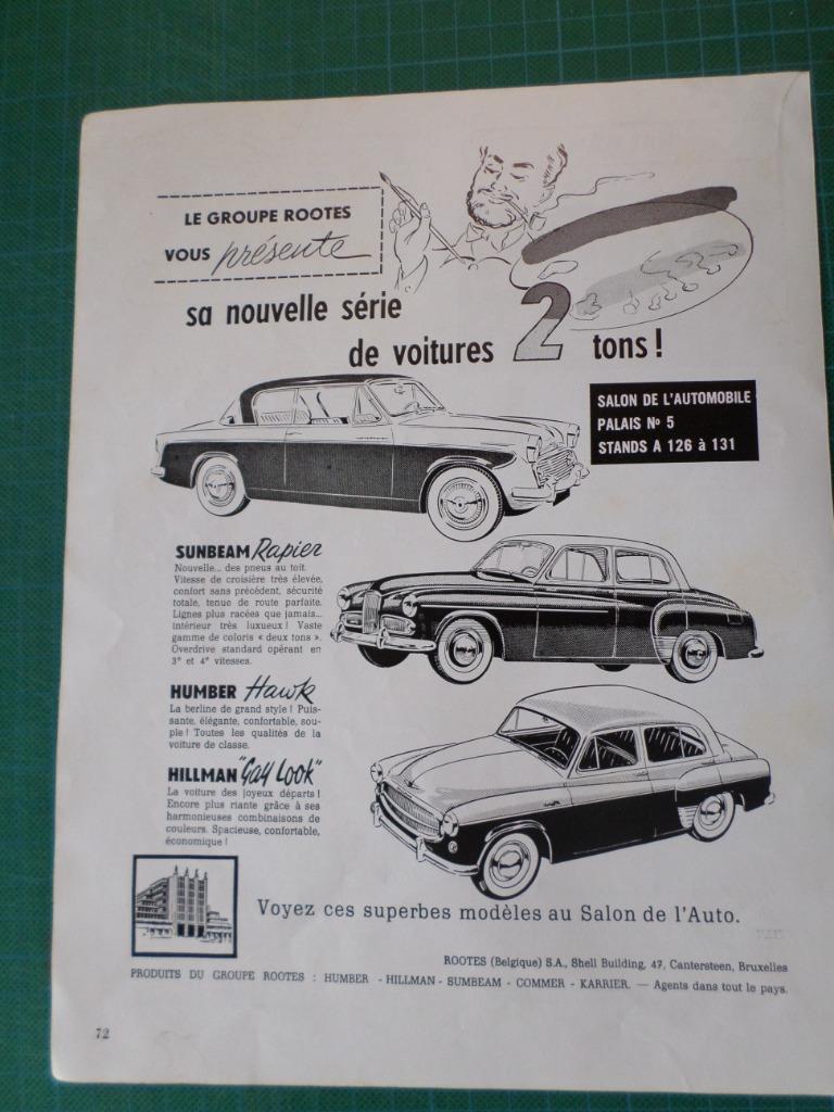 Sunbeam - Humber - Hillman - publicité papier - 1956, Ophalen of Verzenden, Gebruikt, Overige typen